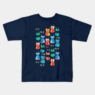 Sixties Swimsuits and Sunnies on dark blue Kids T-Shirt